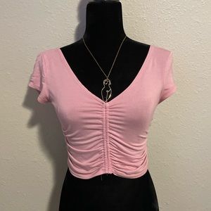 Pink Ruched V-neck Crop Top